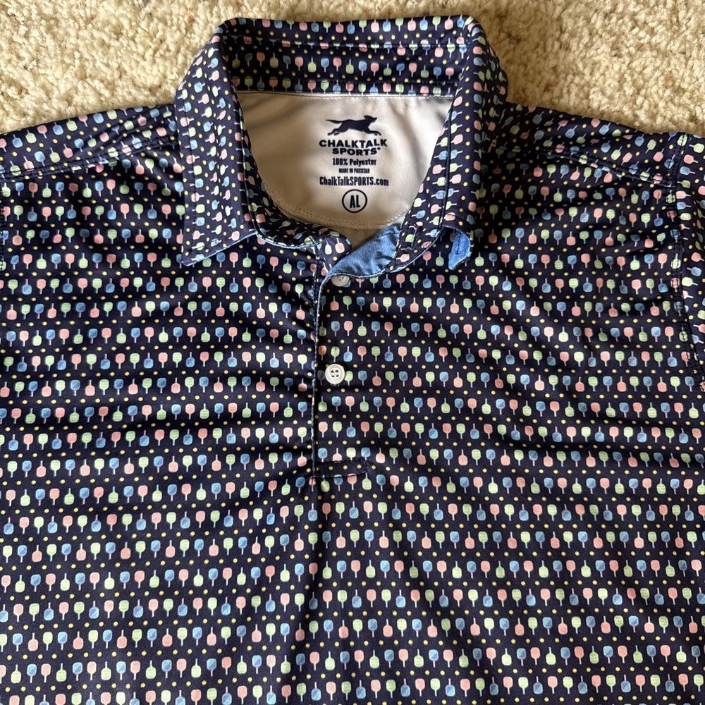 Chalk Talk Pickle Ball AOP Print Power Play Polo Adult Large AL Blue Long Sleeve
